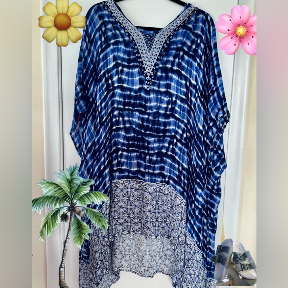 Boho Indigo MOSS ROSE Tie-Dye V-Neck Tunic Top